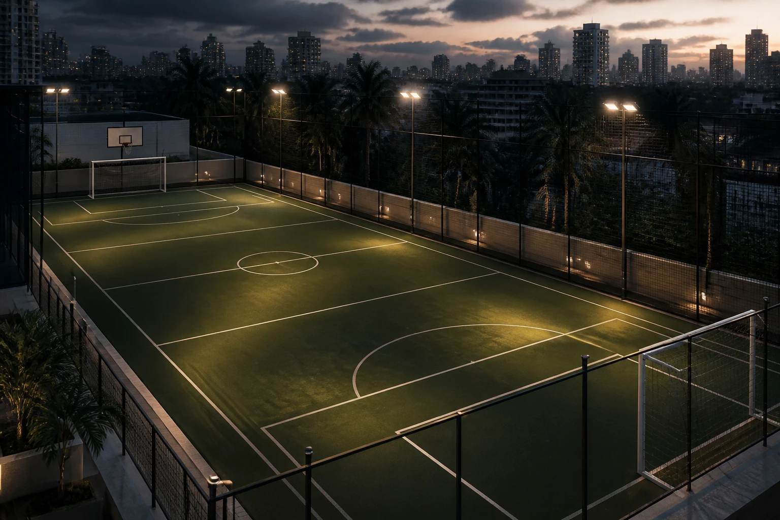 Cancha deportiva del edificio al atardecer, con los reflectores encendidos.
