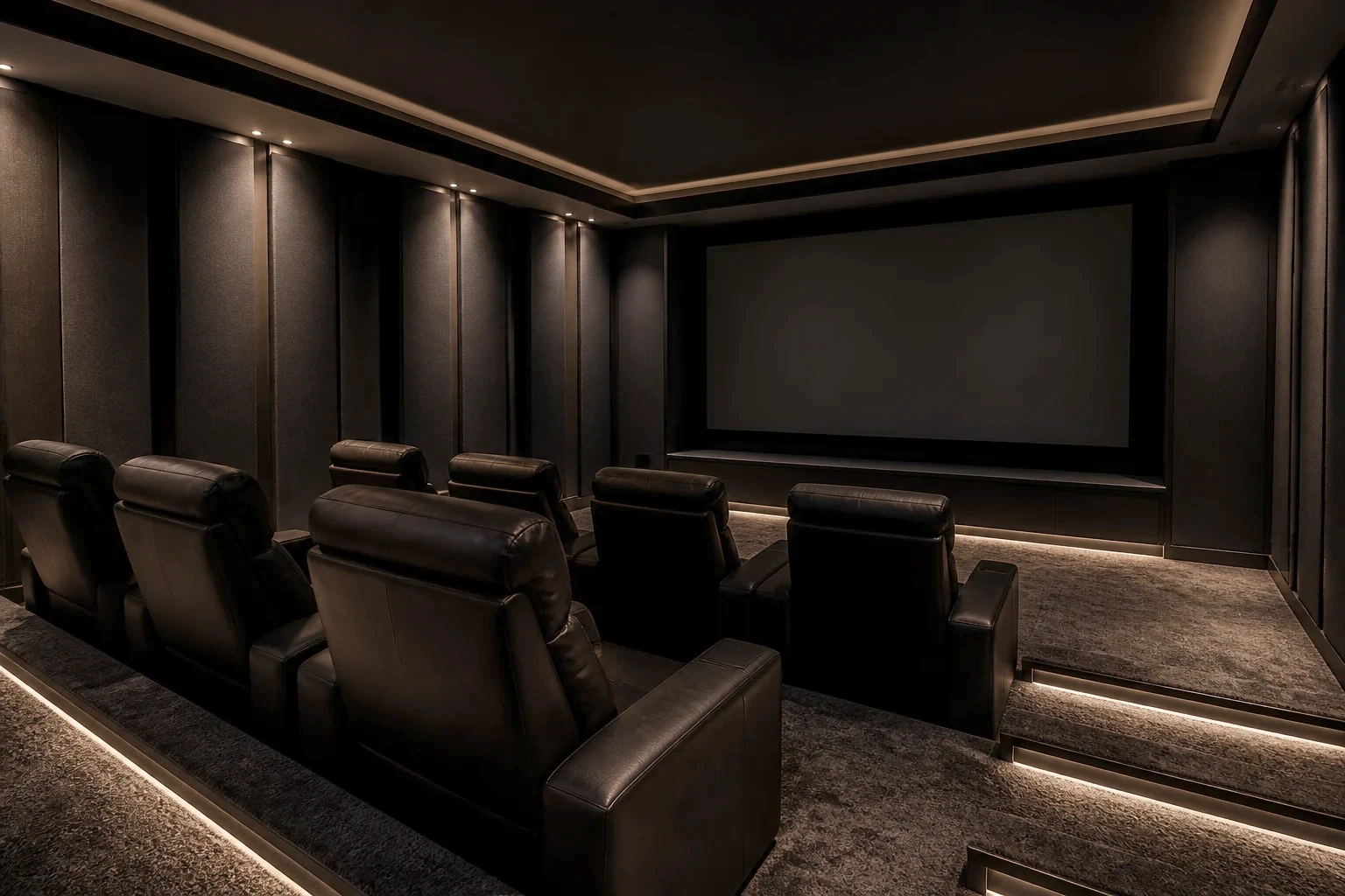 Sala de cine privada del edificio, con butacas reclinables y luz baja.