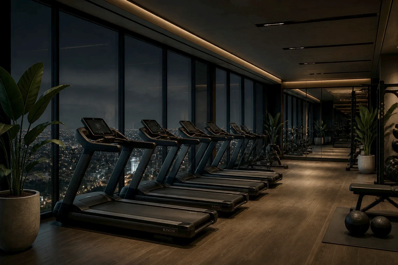 Gimnasio del edificio de noche, con la pared de vidrio hacia las luces de la ciudad.