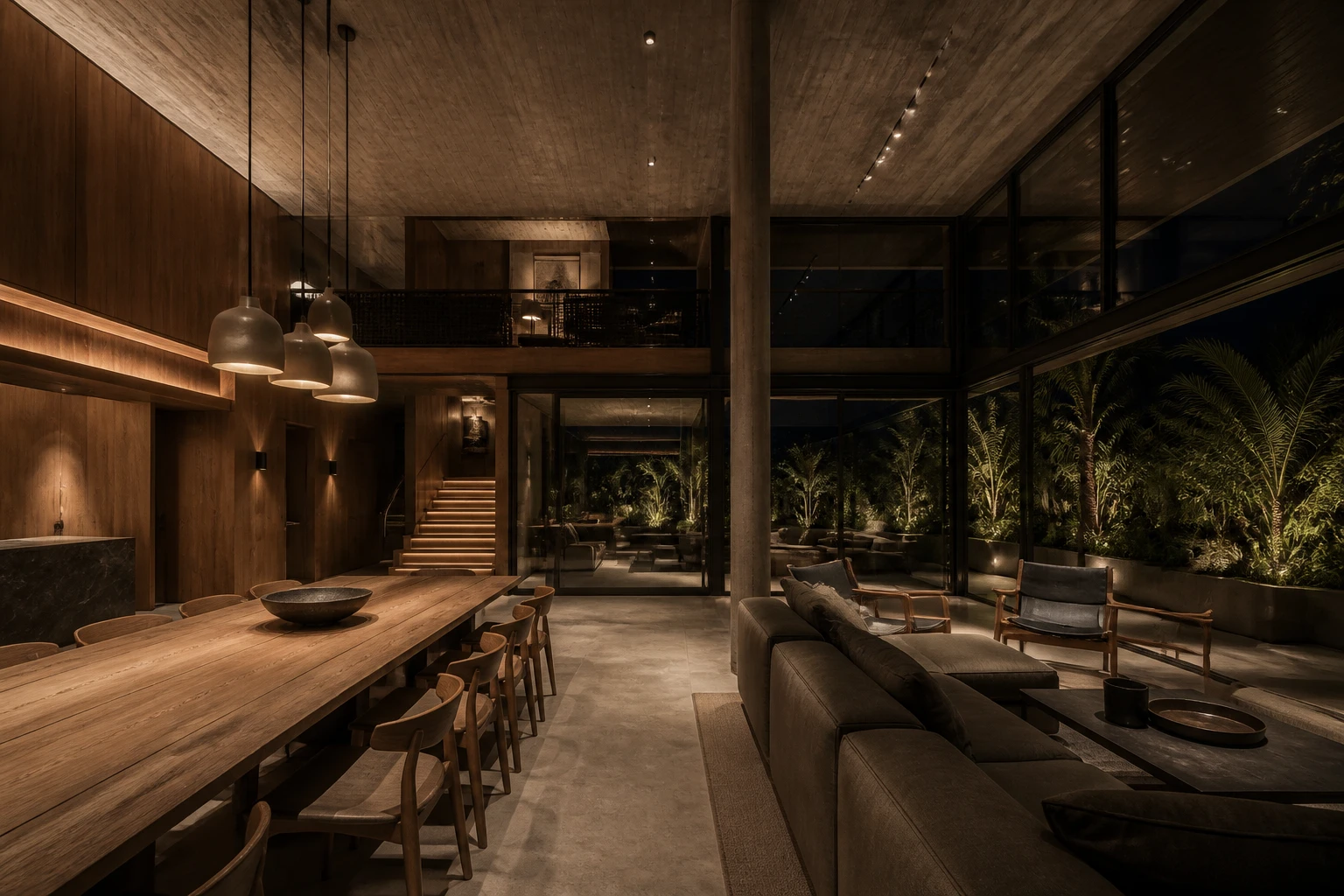 Salón social de doble altura del edificio, con mesa comunitaria y terraza iluminada.