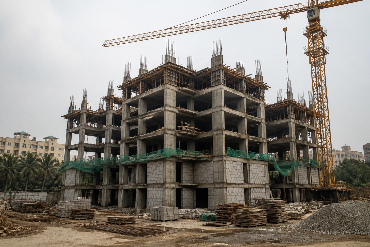 Obra en curso de la constructora: estructura de concreto y grúa torre.