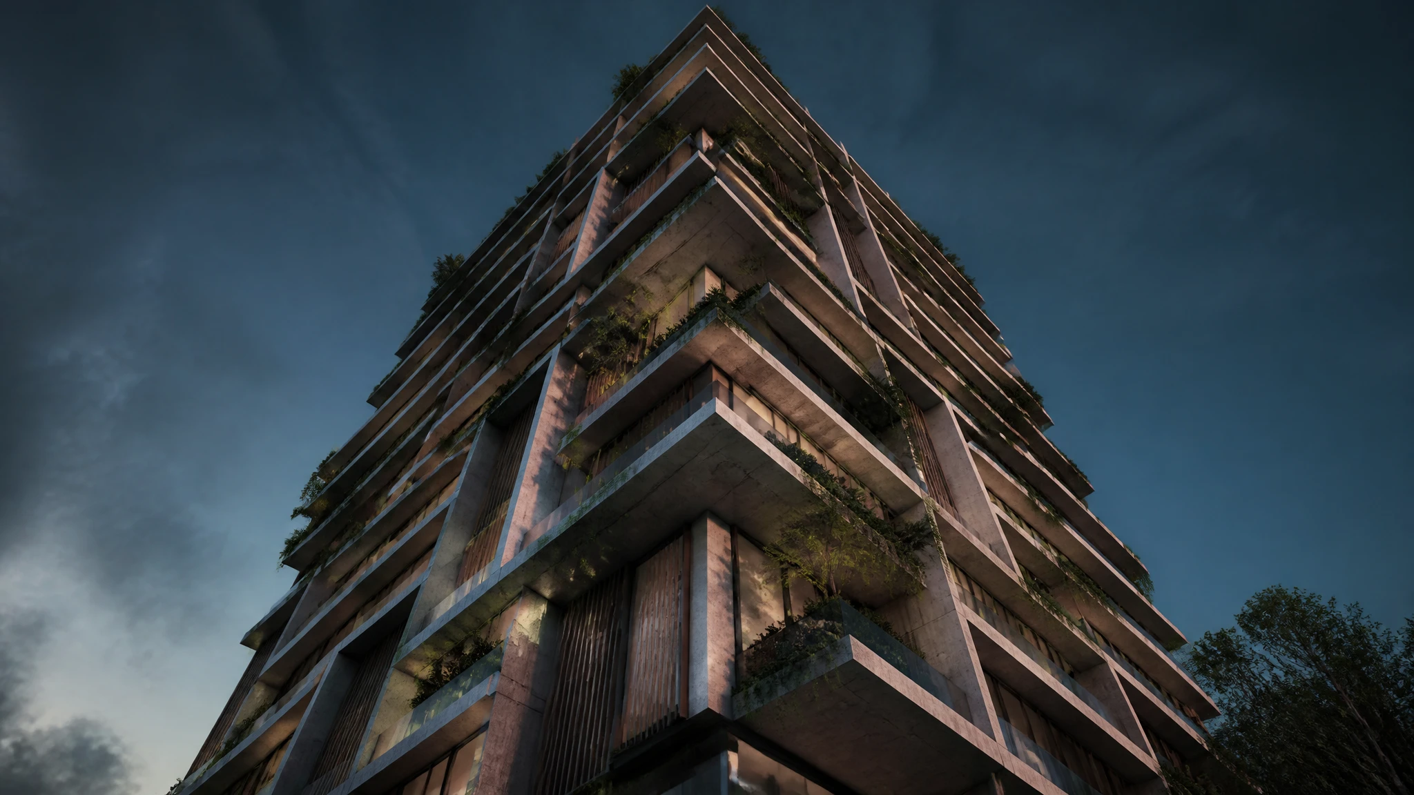 Vista en contrapicado de la fachada de Miramar Elite al atardecer, con los balcones en perspectiva.