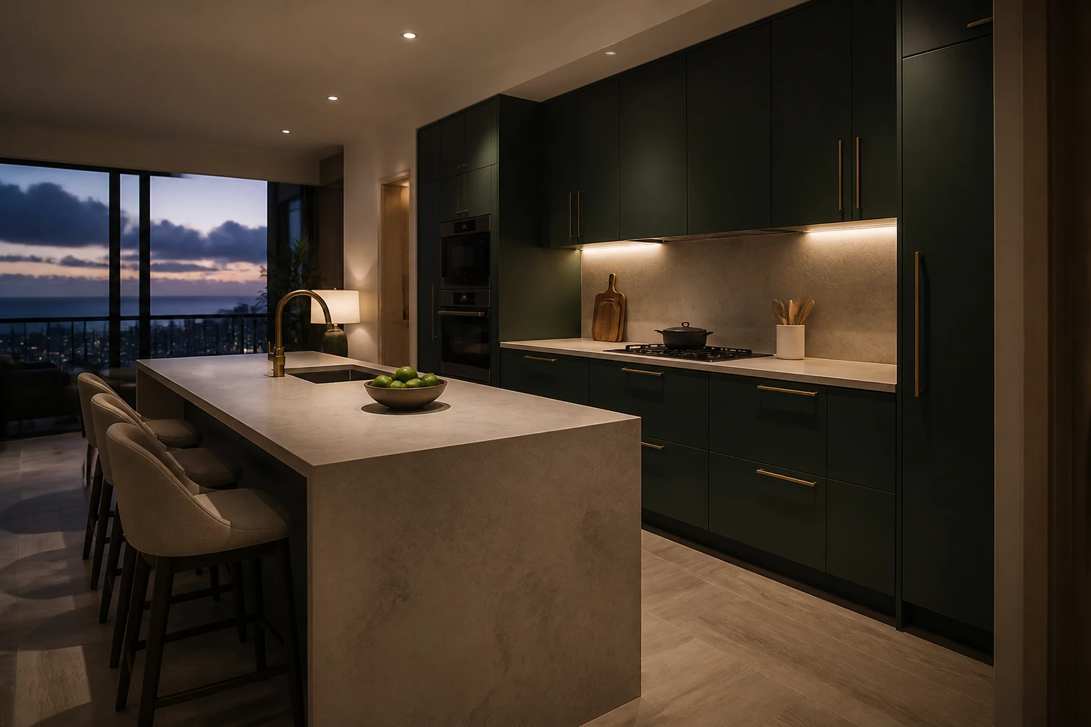 Cocina del apartamento, con isla de piedra clara y carpintería verde oscuro.