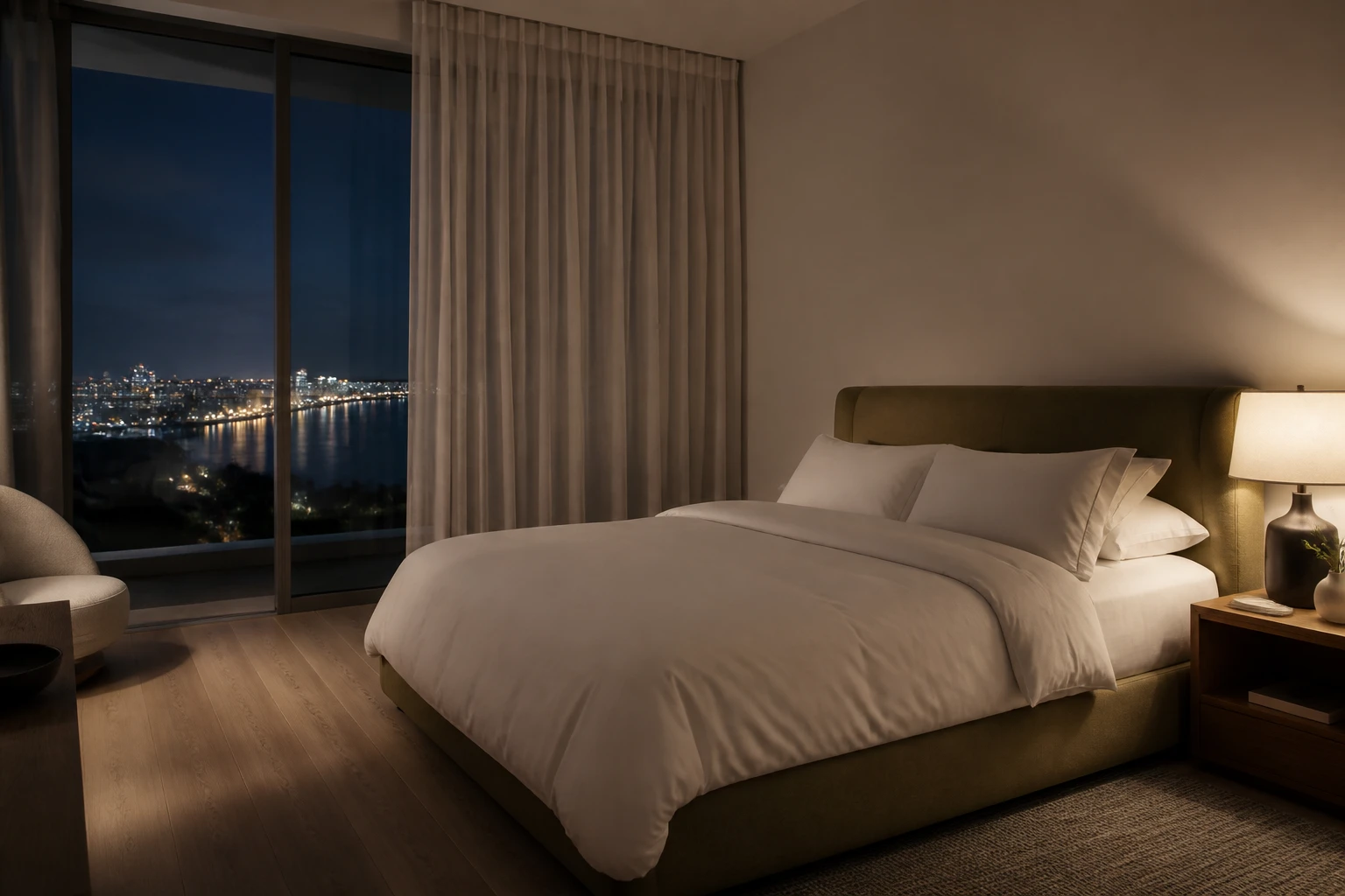 Habitación principal de noche, con ventanal hacia las luces de la ciudad.
