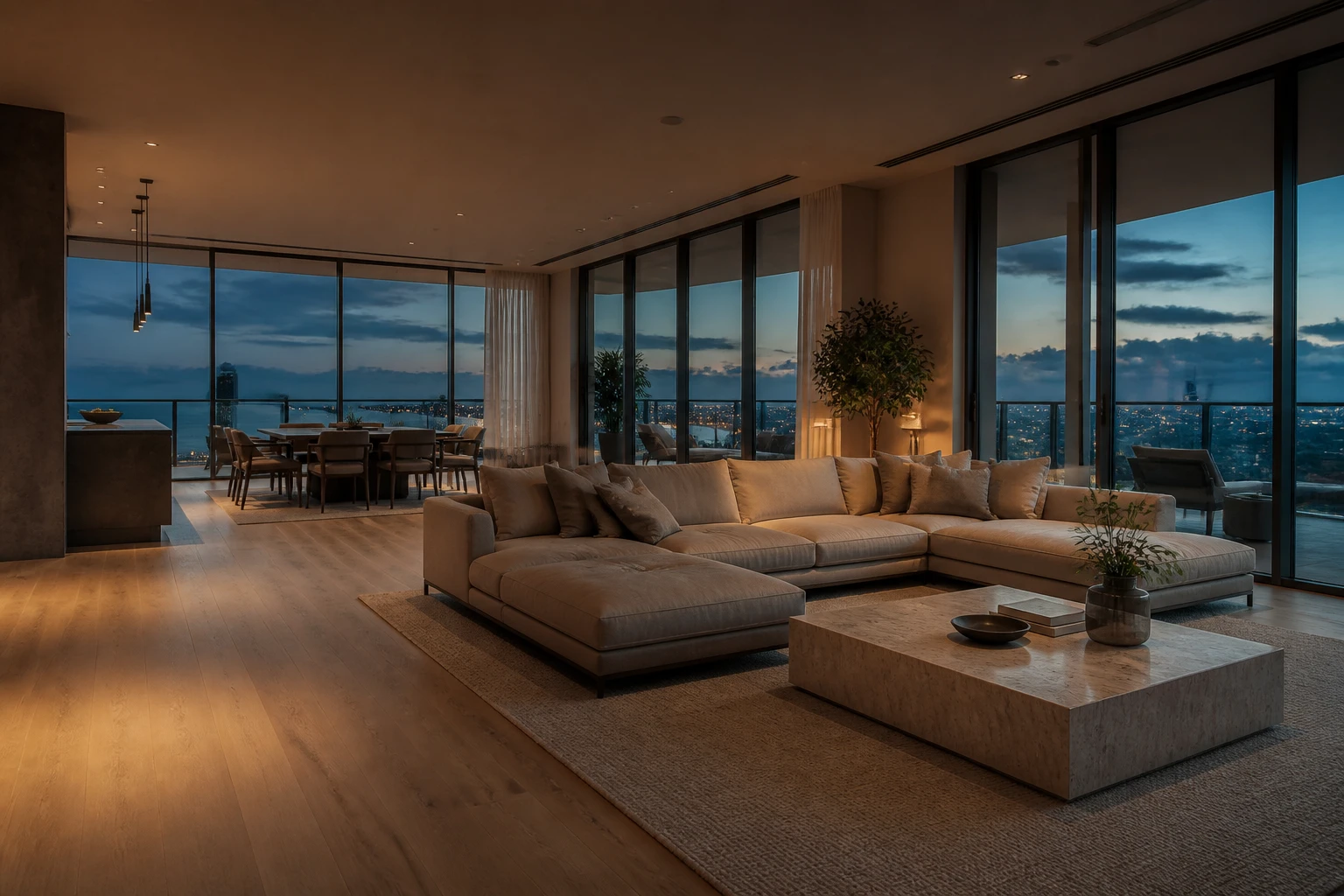 Sala de un apartamento de tres habitaciones, con ventanales de piso a techo y balcón.