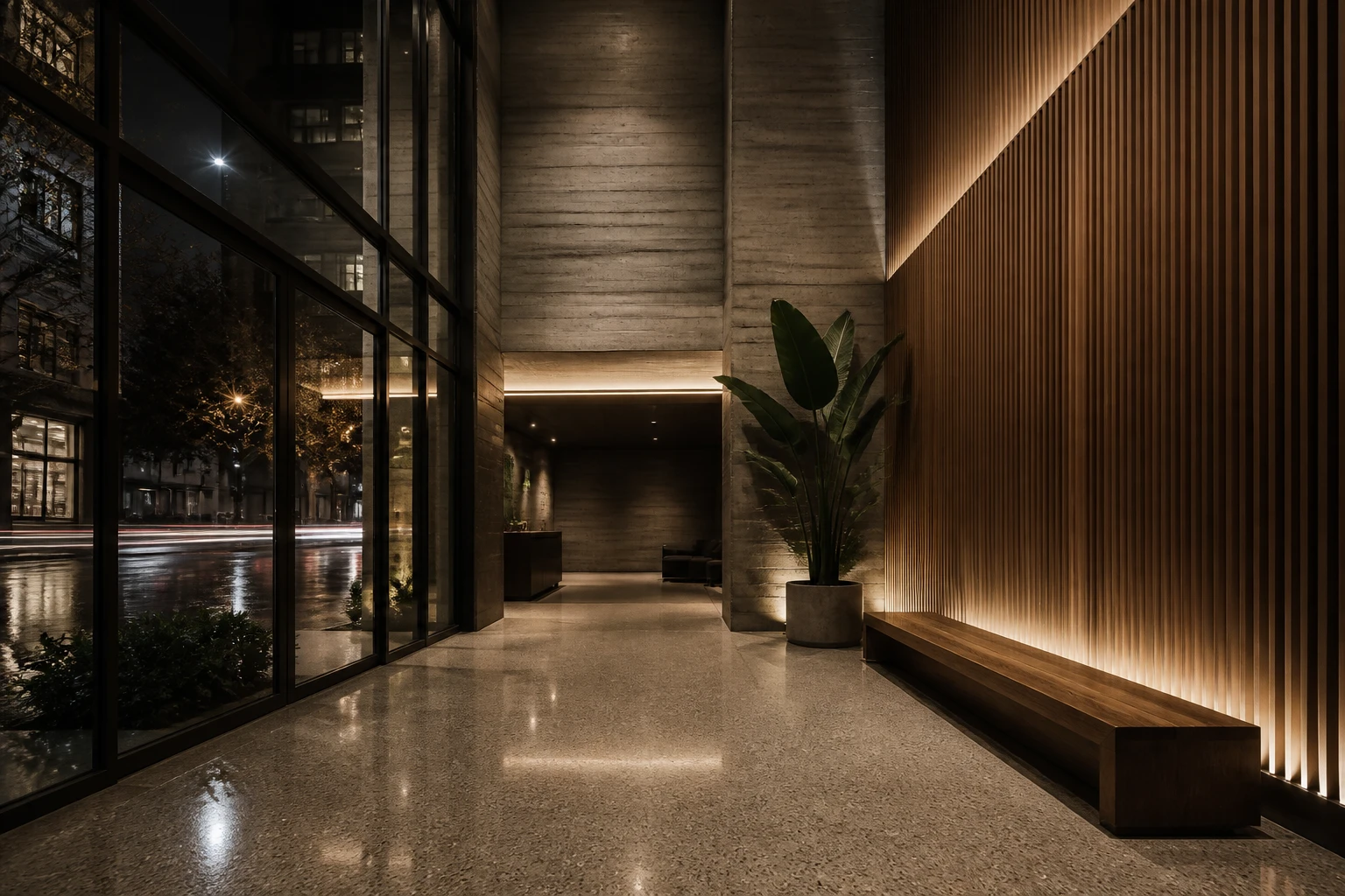 Lobby de doble altura de uno de los proyectos: concreto a la vista, listones de madera y terrazo.