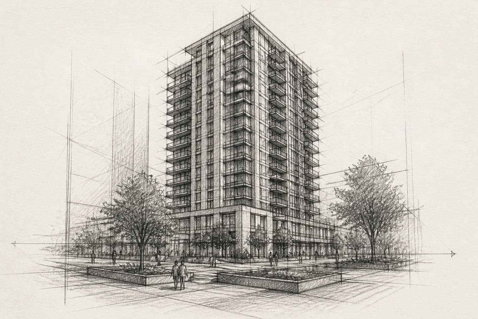 Dibujo a lápiz del arquitecto: la torre de Miramar Elite vista desde la plaza.