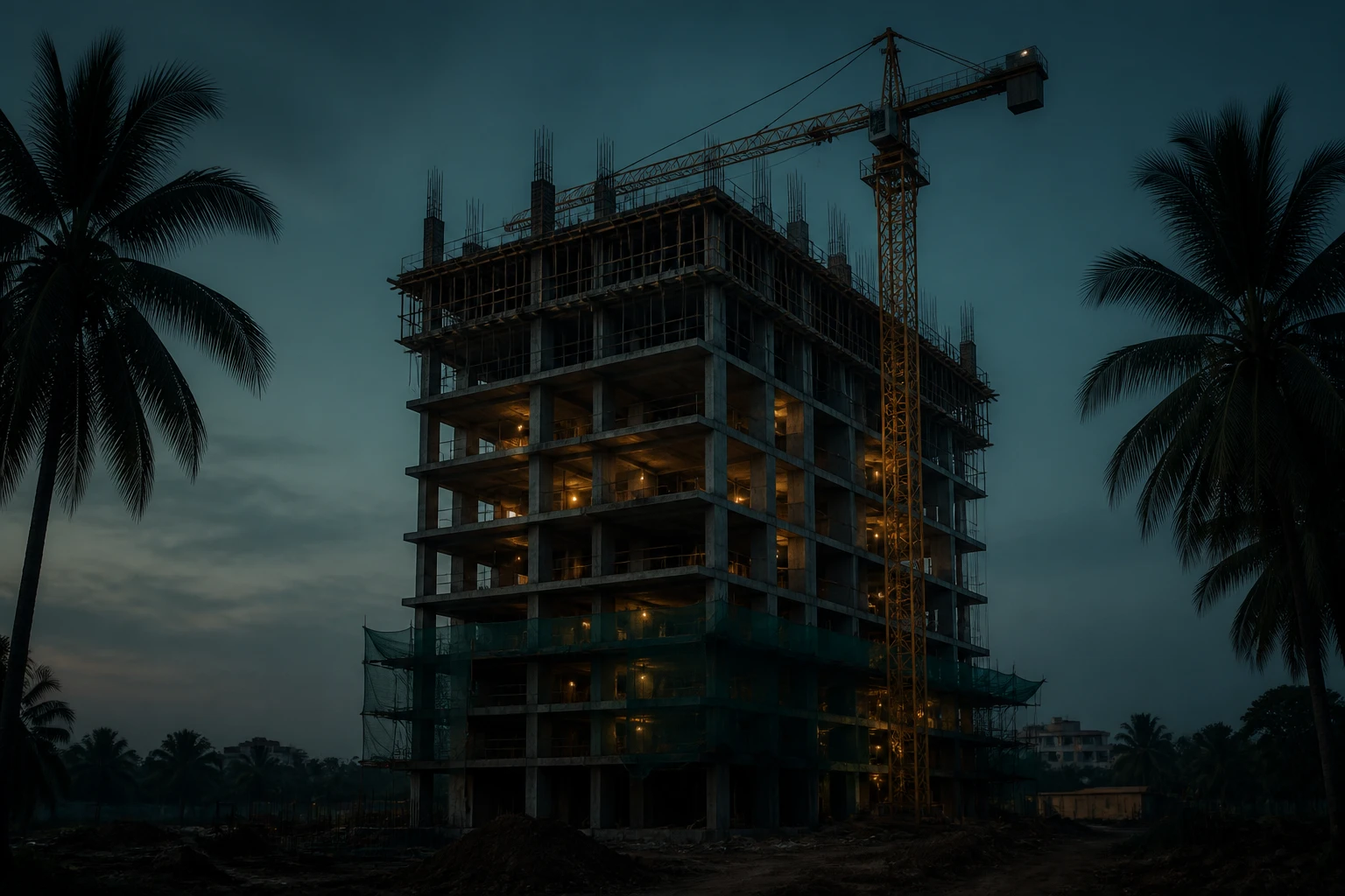 Fotografía de la obra: la estructura de concreto levantada, con la grúa torre al costado.